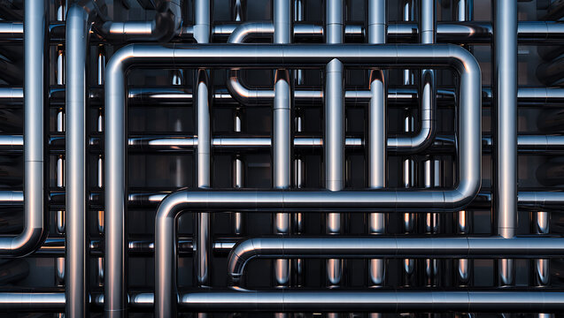 An intricate network of polished metal pipes forms a complex industrial background. - Powered by Adobe