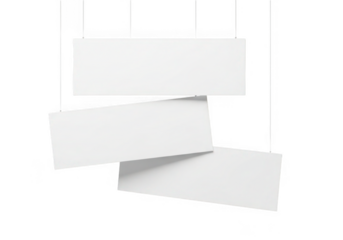 Three blank white rectangular cards hanging by strings isolated on transparent background