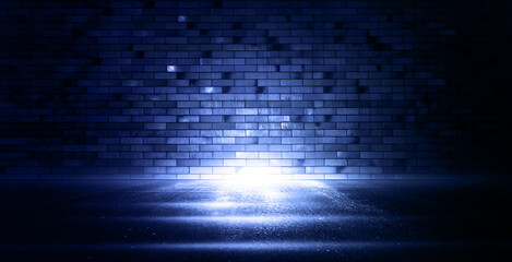 Rays blue light on  brick wall. Empty scene. Neon reflections on wet asphalt.
