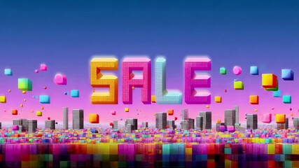 Vibrant Sale Announcement Featuring Colorful 3D Blocks and a City Skyline Under a Bright Sky, Engaging Viewers with Playful Graphics and Attractive Colors.
