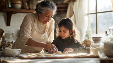 European Elderly woman baking with young girl in cozy kitchen at home  
