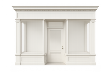 White classic shop facade with empty display windows and door, isolated vintage storefront architecture