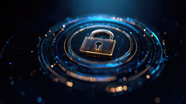 A digital lock symbol surrounded by glowing blue circles and particles. Represents cybersecurity and data protection concepts. - Powered by Adobe