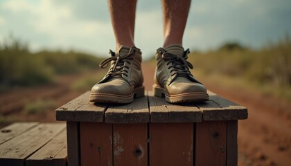A pair of brown hiking boots on a wooden crate. The background features a blurred landscape with greenery and a cloudy sky. The scene suggests outdoor adventure.