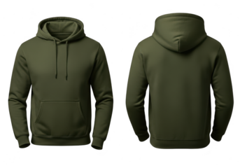 Olive green hoodie front and back view isolated on transparent background