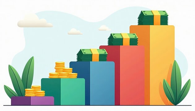 Colorful bar graph with stacks of cash and coins, representing financial growth and investment. Green plants in the foreground and a blue sky in the background.