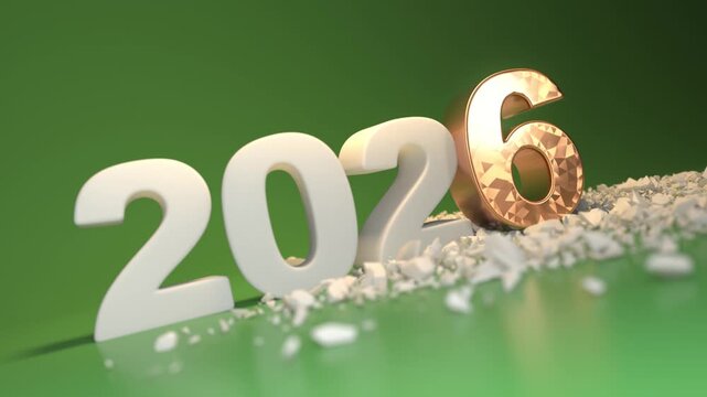 Animation of entry into 2026 year. Numericals made from white matte material on studio-like green background. 3d animation of crushed 5 with fallen 6 with scattered fragments. 