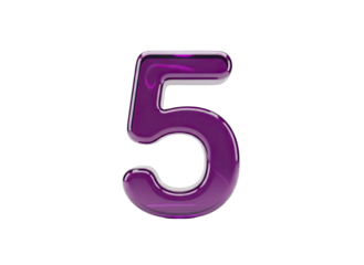 Purple Number Five Digit With Glossy Smooth Surface Isolated On Black Background And Reflective Edges