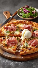 Savor a mouthwatering pizza featuring melted cheese, savory prosciutto, and rich burrata, perfectly paired with a crisp salad, creating a delightful meal