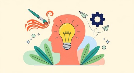 Creative inspiration and innovation concept with lightbulb and artistic elements