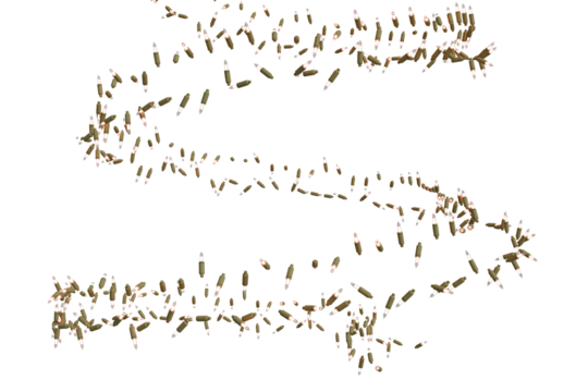 A serpentine trail of ammunition casings on a transparent background