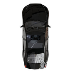 Fototapeta premium Top-down view of a sleek, glossy black sports car. The modern vehicle has a detailed interior, contrasting sharply on a transparent background