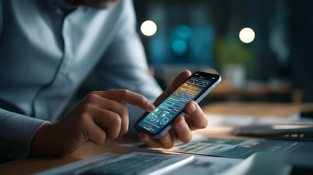 Close up of UI designer working on smartphone interface mockup face not visible app design mobile UI user experience interface design screen mockup design process desk work