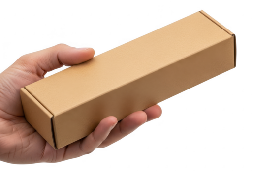 Hand holding a cardboard box isolated on transparent background