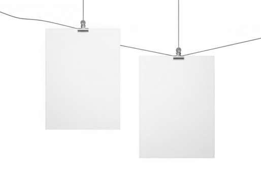 Two blank white paper rectangles hanging on a string isolated on transparent background