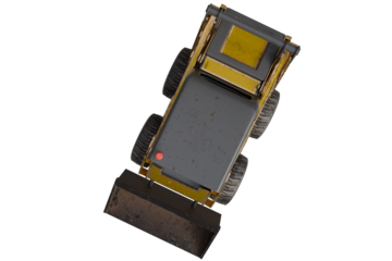 Overhead view of a yellow compact loader with a front bucket, on a transparent background