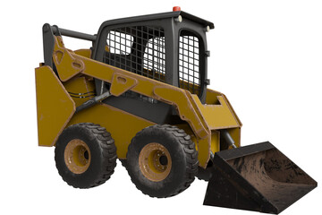 A yellow, compact construction vehicle with a front bucket, heavy-duty tires, and protective cage