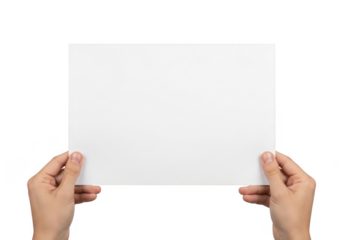 Hands holding blank white paper isolated on transparent background