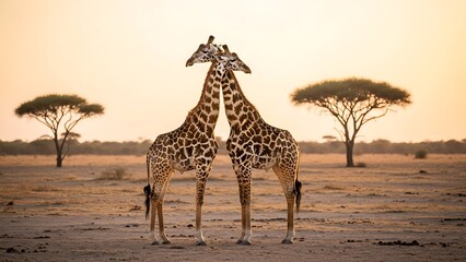 Two Giraffes in the African Savannah at Sunset - A Touching Moment.