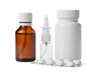 Three pharmaceutical bottles and blister pack of pills isolated on transparent background
