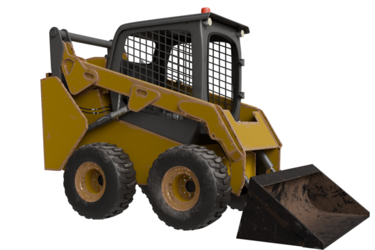 A yellow, compact construction vehicle with a front bucket, heavy-duty tires, and protective cage