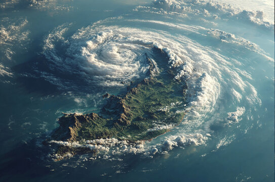 daytime satellite view of Sri Lanka surrounded by swirling cyclone clouds, with clean island contours, vibrant ocean blues, and soft natural daylight illumination.