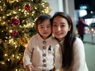 A young girl and her mother share a joyful moment by a sparkling Christmas tree adorned with red ornaments. The warm lights create a festive atmosphere, enhancing their smiles