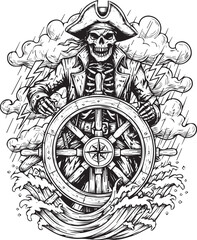 Pirate Skeleton at the Helm Amidst Stormy Seas a High Seas Adventure Illustration