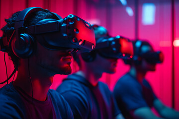 Focused person using high-tech vr headset in neon futuristic space, digital scanning interface, generative AI