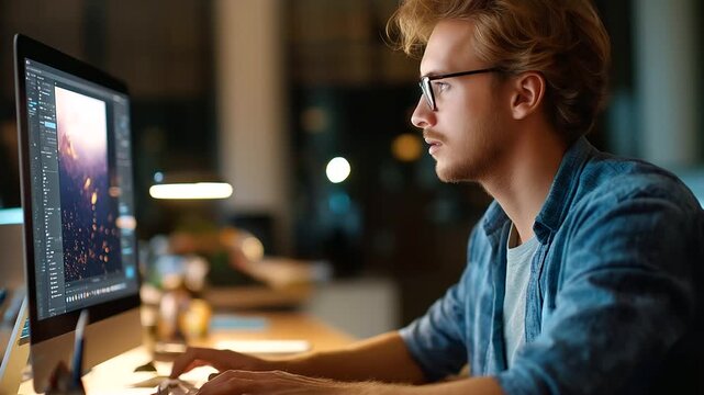 Designer working on computer creating logo face not shown brand design digital logo creation graphic design software creative process computer work design interface