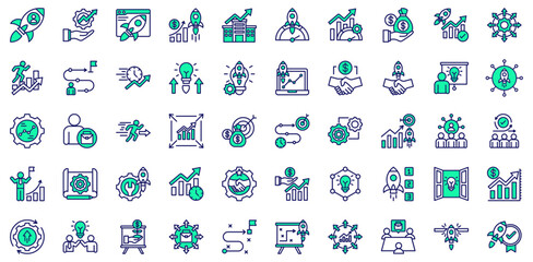 Obraz premium Business Accelerator icons collection. Vector illustration. Startup Rocket, Fast Growth Arrow, Speedometer Success, Acceleration Gauge. Pro Vector