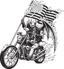 Skeleton Devil Rider on a Motorcycle Wielding American Flag in Flames Vector Illustration
