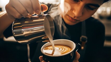 Professional barista carefully pouring steamed milk to create beautiful latte art.