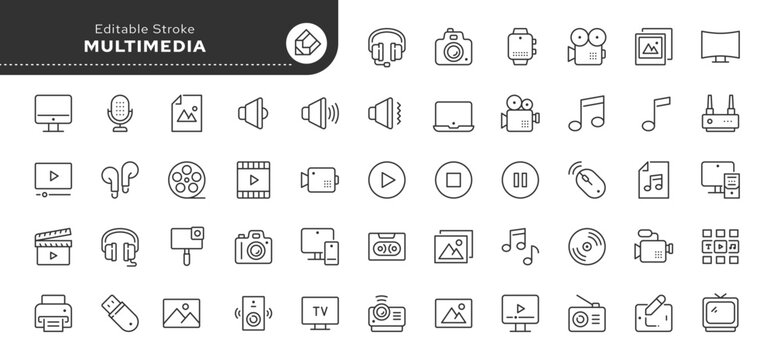 Multimedia line icon set. TV, photo and video camera, content creation, film, video, image, music, device, audiovisual equipment and more. Outline icon in linear style. Vector collection.