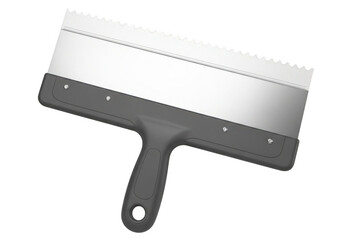A metal drywall finishing knife with a serrated edge isolated on transparent background
