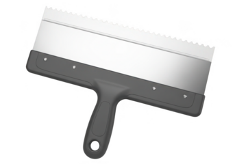 A metal drywall finishing knife with a serrated edge isolated on transparent background