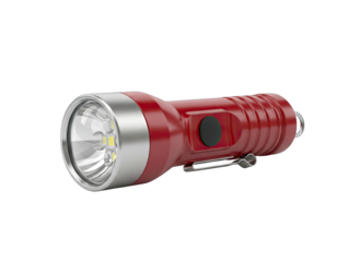 Red LED Flashlight With Silver Accents and Black Button Isolated On Black Background Studio Shot