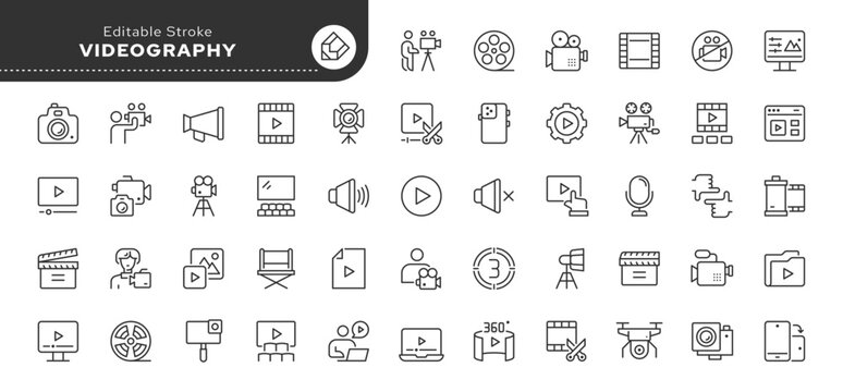 Videography line icon set. Video, videographer, cameraman, filming, editing, videotape, film, camcorder, camera, shotting, movie, clapperboard, cinema. Outline icon in linear style. Vector collection