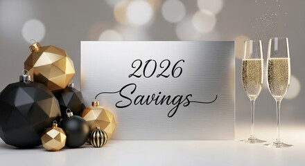 Image of gold and black ornaments, two champagne flute, and a sign showing '2026 Savings', representing financial saving goal, Christmas celebration