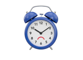 Retro Blue Twin Bell Alarm Clock with Sad Face Displaying 10 OClock Isolated on Transparent Background