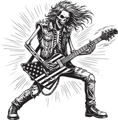 Skeleton Rock Star Playing Electric Guitar with American Flag Design Black and White Illustration Graphic