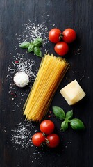 Raw pasta spaghetti with tomatoes basil cheese cooking setup