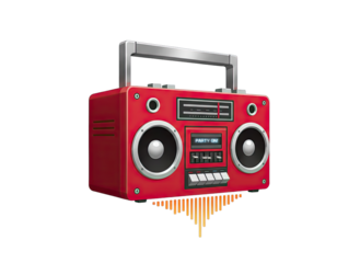Retro Red Boombox with Silver Handle and Dual Speakers Displaying Digital Screen with Orange Sound Waves Against a Transparent Background
