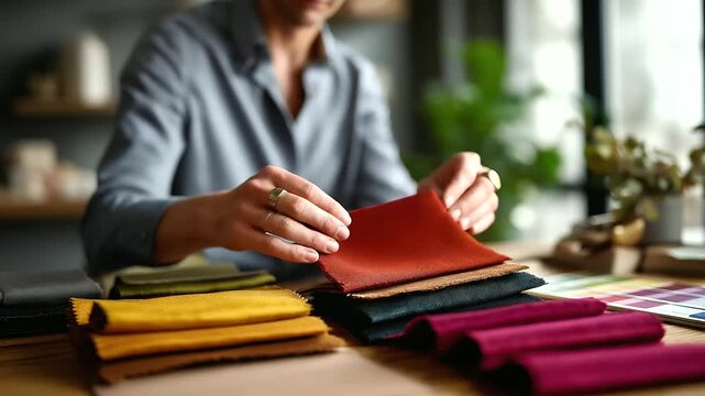 Hands arranging furniture samples and fabric swatches face not visible interior styling material selection design coordination sample board color palette design process