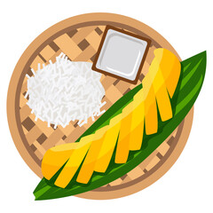 Thai Food. Mango, rice dessert with coconut sauce on woven tray. For menus, recipe cards, restaurant posters, food blogs and tropical themed designs.