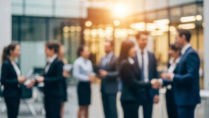 Blurred crowd of diverse professionals in a business setting, symbolizing collaboration and networking.