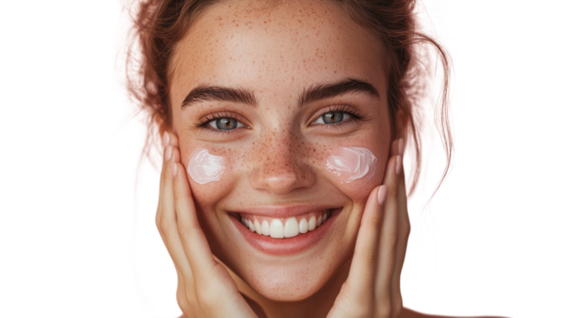 Young woman with freckles smiles as she applies cream to her face, enjoying her skincare routine in a bright space.