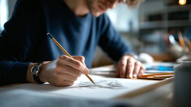 Hands erasing and refining pencil sketch face obscured sketch revision drawing refinement pencil work design editing hand illustration sketch process paper and eraser work