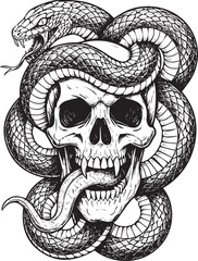 Skull Embraced by Serpent Tattoo Style Graphic Illustration of Death and Rebirth Symbolism