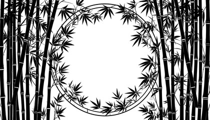 Black bamboo shoots and leaves frame a bright round center, creating an airy, organic border on a white background